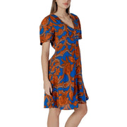 B.young women’s vibrant blue and orange floral print viscose dress with short sleeves and v-neckline for spring summer