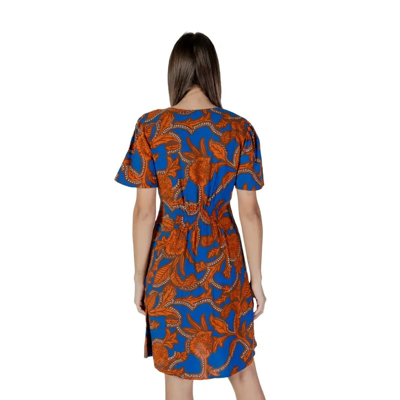 A vibrant blue and orange floral viscose dress with short sleeves and a cinched waist for spring summer by B.young