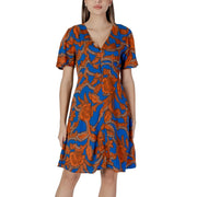 B.young women’s blue and orange floral print viscose dress with short sleeves v-neckline and front button closures