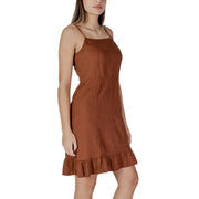 B.young women’s brown sleeveless mini slip-on dress with thin straps and ruffled hem for casual wear