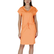 B.young women’s vibrant orange v-neck short dress with short sleeves and a drawstring waist for casual wear