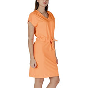 A vibrant orange short sleeved v neck dress with a tied waistband by B.young for women