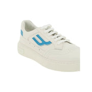 Bally white leather men’s sneakers featuring a bold blue logo and matching heel tab visible from the back side