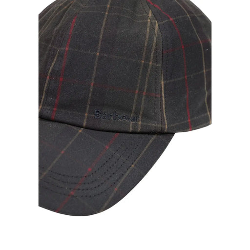 Barbour cap Haydon Tartan for men in dark charcoal plaid with red and beige stripes and stitched logo, front view