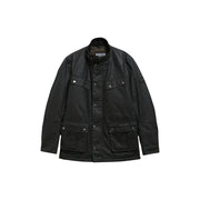 Schwarze Barbour-Jacke mit klassischem Kragen, Knopfleiste und mehreren aufgesetzten Taschen aus gewachster Baumwolle