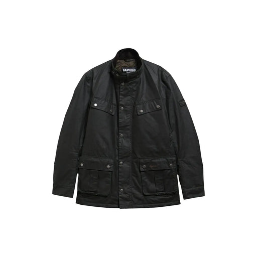 Veste Barbour noire en coton ciré, avec col classique, fermeture boutonnée et multiples poches à rabat.
