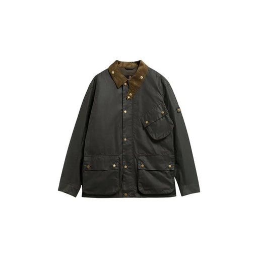 Blazer Barbour International pour homme, en coton ciré vert foncé, col en velours côtelé marron et boutons en laiton.
