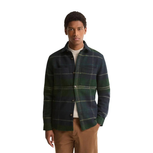 Dark green and navy plaid woolen shirt with two front pockets paired with barbour men green wool blazer jacket