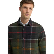 Barbour Herren-Blazer aus grünem Wollmischgewebe mit dunkelgrün-blau kariertem Wollhemd mit roten, weißen und gelben Akzenten