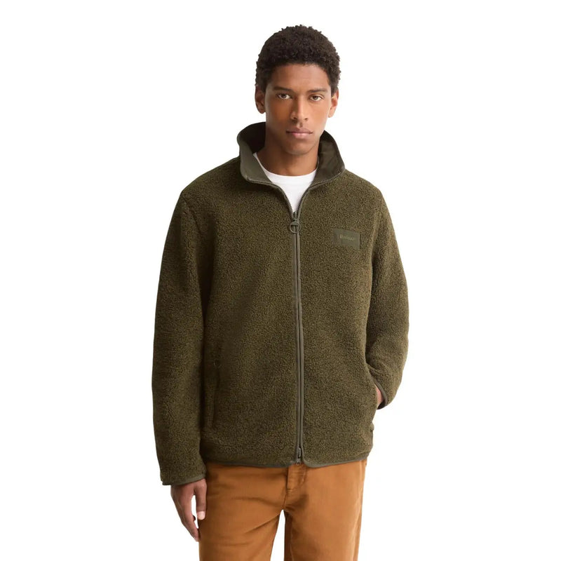 Olivgrüne Fleecejacke mit hohem Kragen und Frontreißverschluss von Barbour, wendbare Herren-Fleecejacke aus blauem Polyamid