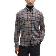 Barbour men shirt long-sleeved button-up in muted brown gray and black plaid pattern ideal for casual wear