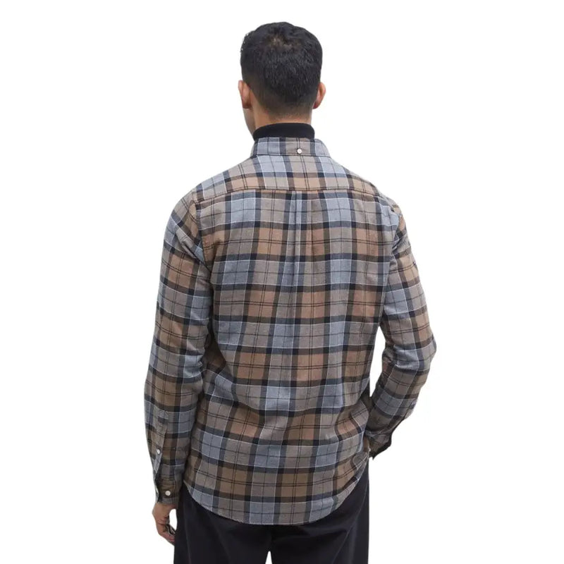 Barbour men shirt long sleeved plaid button up in muted brown gray and black stripes for casual wear