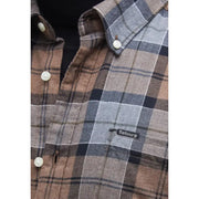 Barbour men shirt brown gray and navy plaid button-up with white buttons and Barbour label on chest pocket