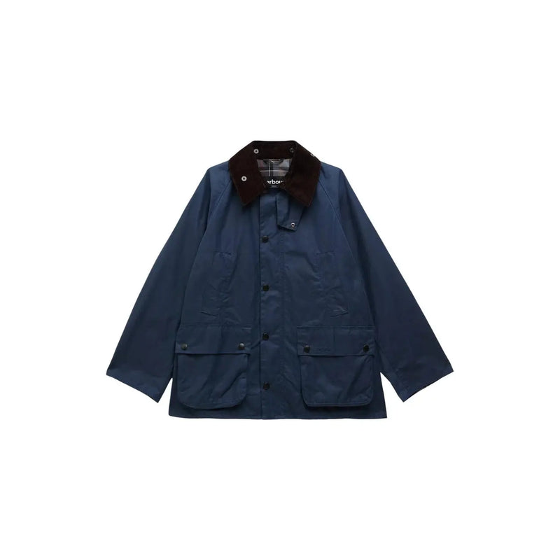 Marineblauer Barbour Herrenblazer aus gewachster Baumwolle mit dunkelbraunem, pelzgefüttertem Kragen und schwarzen Knöpfen, die vorne sichtbar sind
