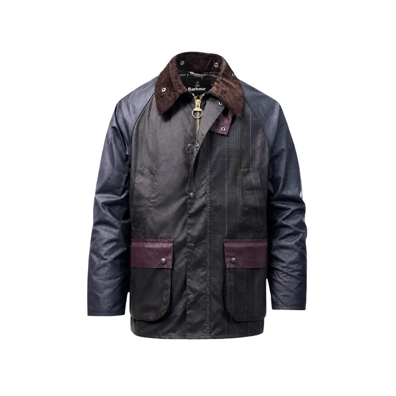 Barbour Herren-Wachsjacke aus braunem Baumwoll-Patchwork in Dunkelgrün mit braunem Cordkragen und bordeauxrot eingefassten Taschen