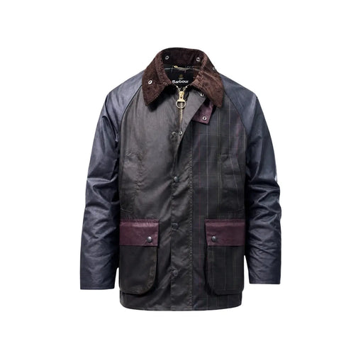 Barbour Herren-Wachsjacke aus braunem Baumwoll-Patchwork in Dunkelgrün mit braunem Cordkragen und bordeauxrot eingefassten Taschen