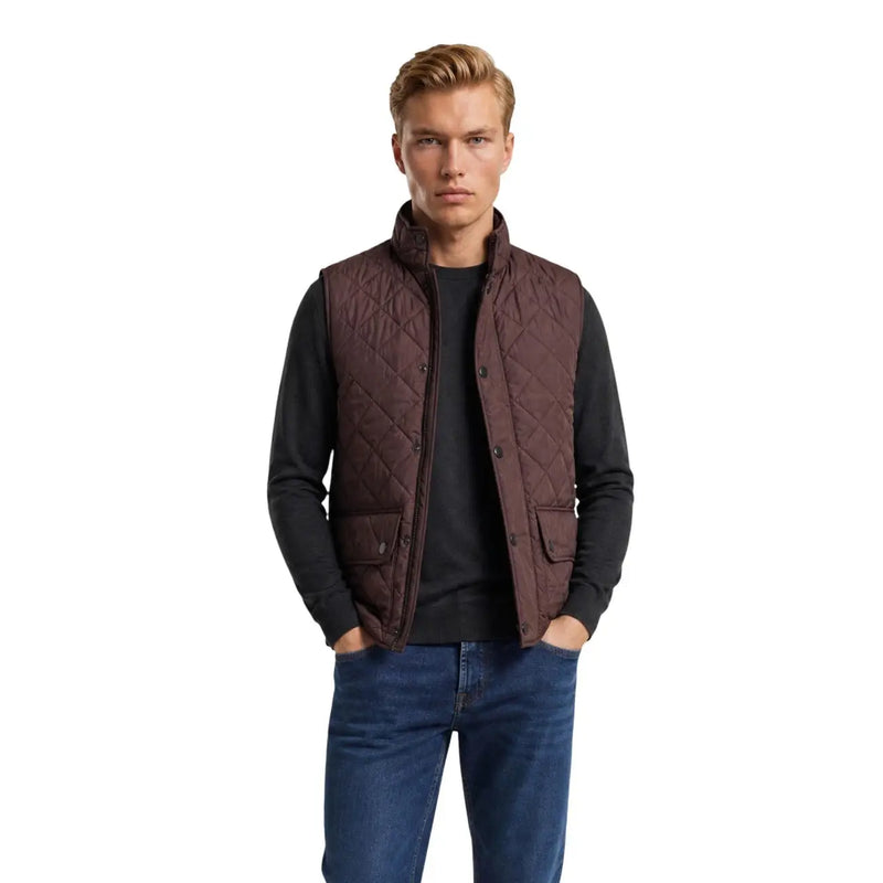 Barbour puffer jacket lowerdale for men in dark brown quilted fabric with high collar and front button closure, front view