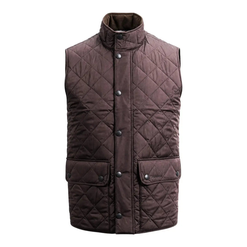 Barbour puffer jacket lowerdale for men in dark brown quilted fabric with high collar and flap pockets, front view