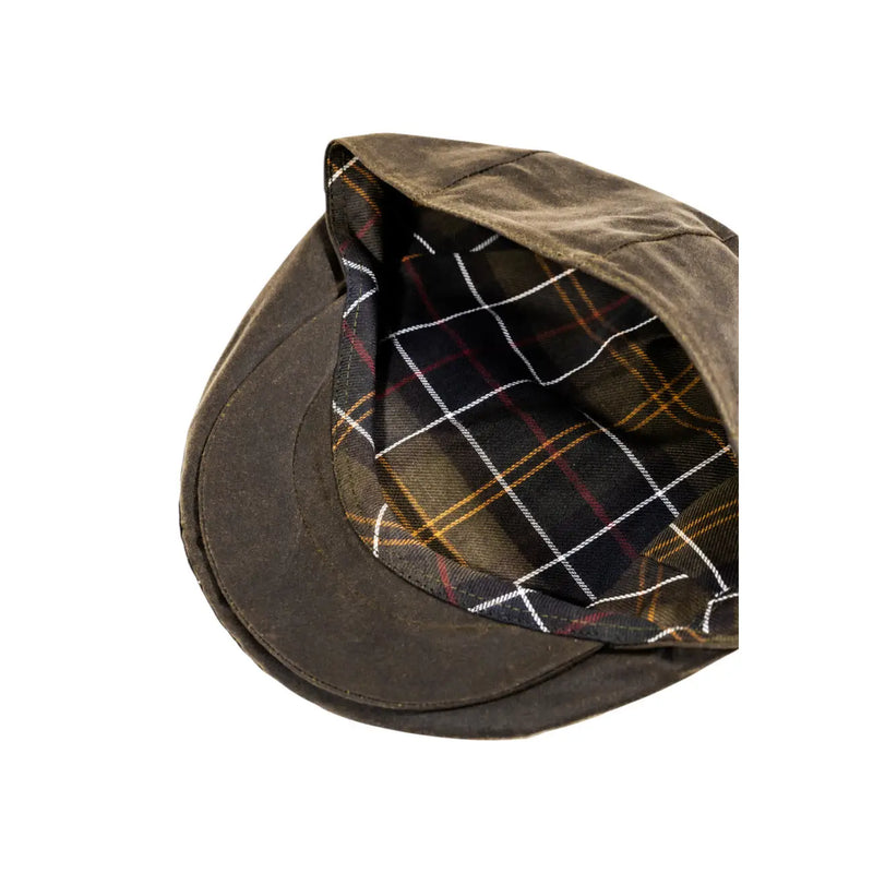 Casquette cirée Barbour pour homme en coton ciré marron avec doublure tartan noir, blanc, jaune et rouge, vue de face