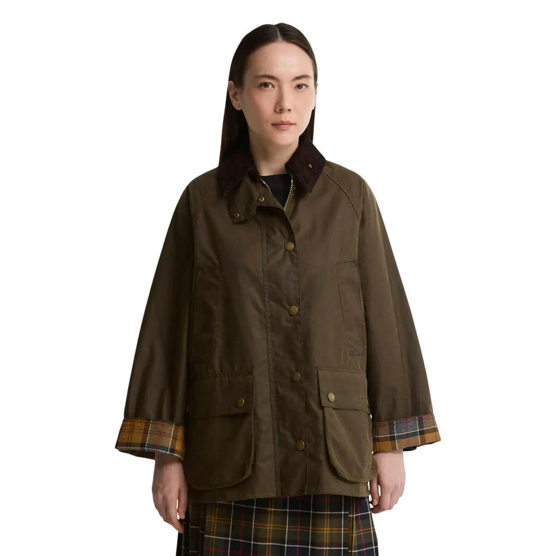 Olive green waxed cotton field jacket with dark brown collar and plaid cuffs by barbour women beige cotton wax bedale blazer