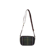 Barbour women green crossbody bag in wool blend with classic dark green tartan pattern and yellow lines, mini 24cm