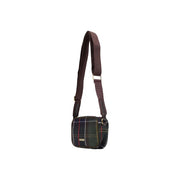Barbour women green crossbody bag wool blend mini with dark green tartan pattern and brown adjustable strap