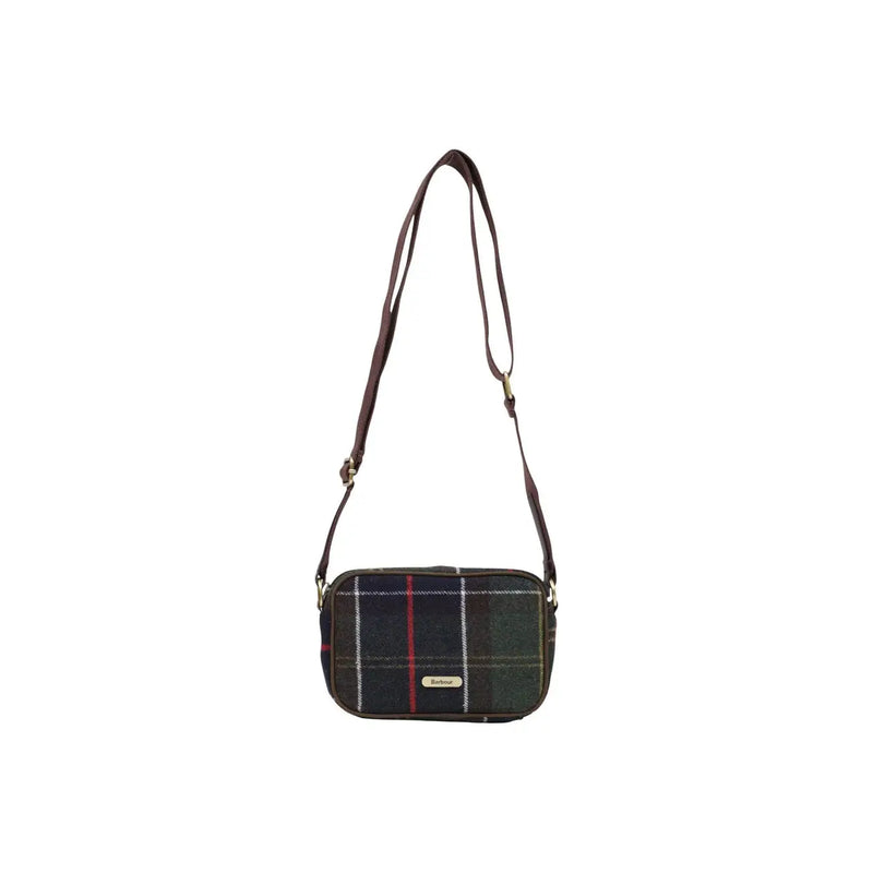 Barbour women green crossbody bag wool blend mini with tartan pattern dark green navy blue red brown leather straps
