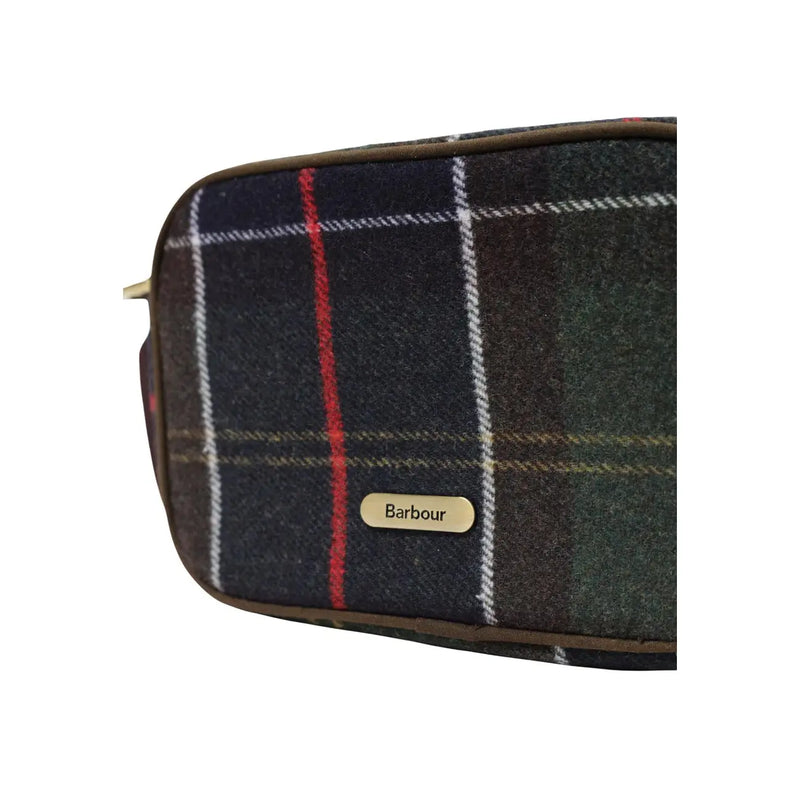 Barbour women green crossbody bag wool blend mini with dark navy green plaid toiletry bag and brown leather trim