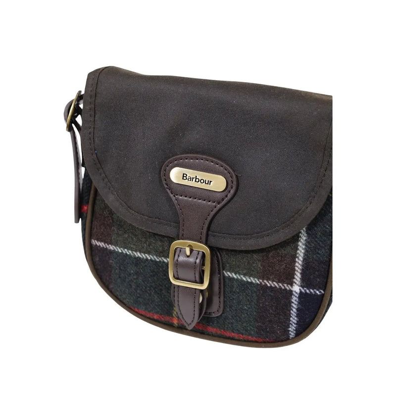 Barbour women green mini crossbody bag in dark brown waxed cotton with tartan plaid and brass hardware saddle bag design