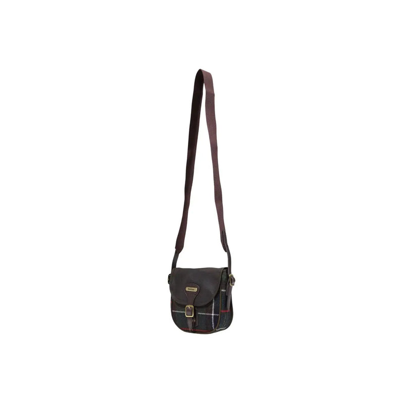 Barbour women green mini crossbody bag in dark green and burgundy plaid wool blend with brown leather strap