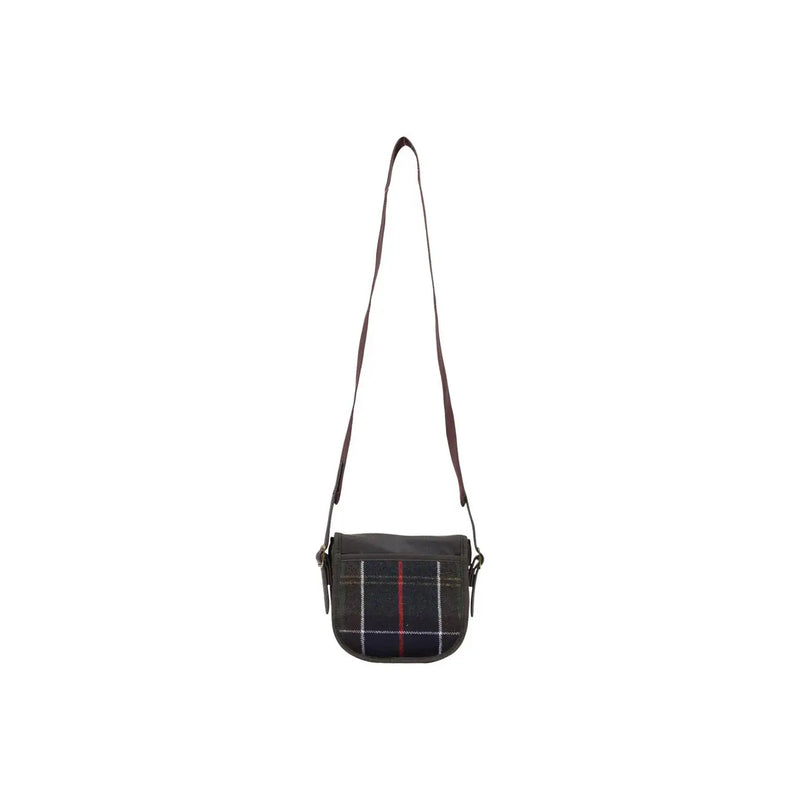 Barbour women green mini crossbody bag wool blend with dark green plaid and red white striped pattern brown leather straps