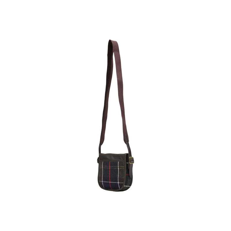 Barbour women green mini crossbody bag in dark green plaid wool blend with brown leather strap and brass hardware