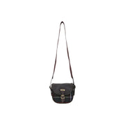 Barbour women green mini crossbody bag in dark plaid wool blend with brown leather strap and gold-tone buckle