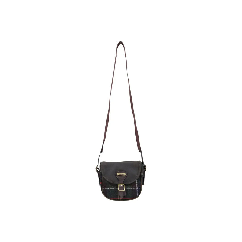 Barbour women green mini crossbody bag in dark plaid wool blend with brown leather strap and gold-tone buckle
