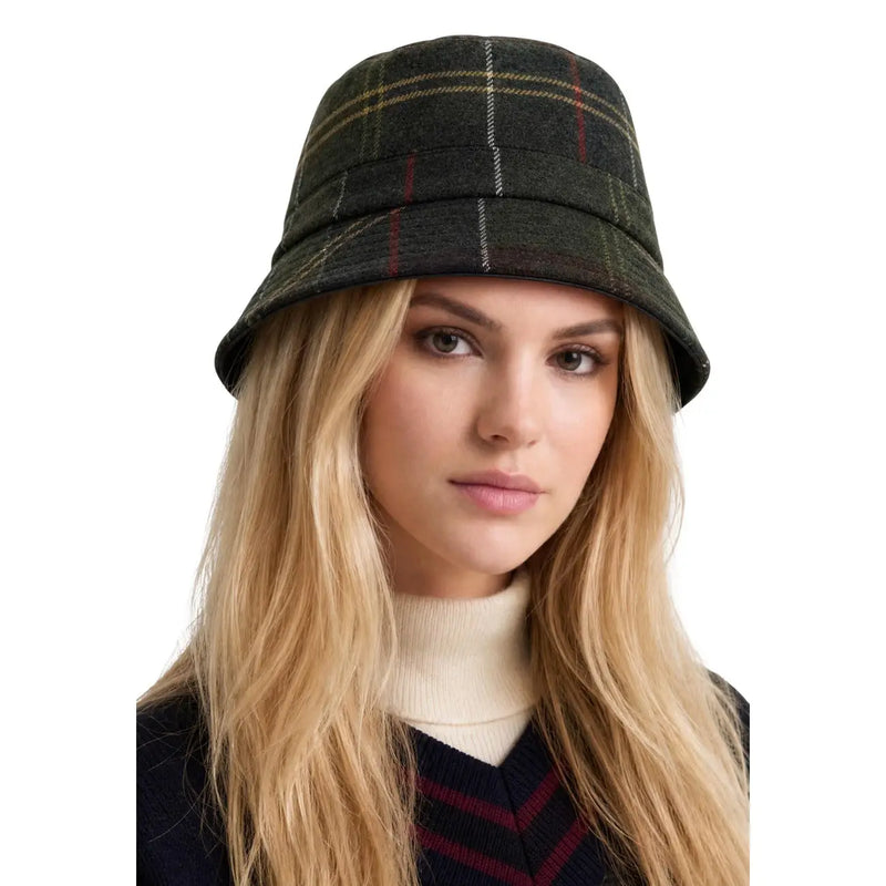 Barbour women green tartan sports hat dark green plaid wool blend bucket hat with subtle red and beige stripes