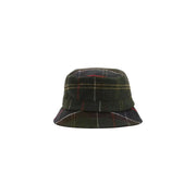 Barbour women green tartan sports hat wool blend with dark green plaid and red and beige stripes bucket style