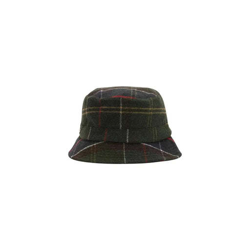 Barbour Damen-Sportmütze im Bucket-Stil, grün kariert, aus Wollmischung mit dunkelgrünem Karomuster und roten und beigen Streifen.