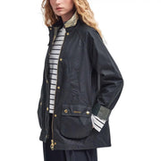 Dark navy barbour women wax blazer with gold-tone buttons and striped cuff detail in brown cotton material