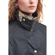 Barbour women wax blazer brown cotton jacket in dark gray waxed cotton with beige black plaid inner collar and gold-tone buttons