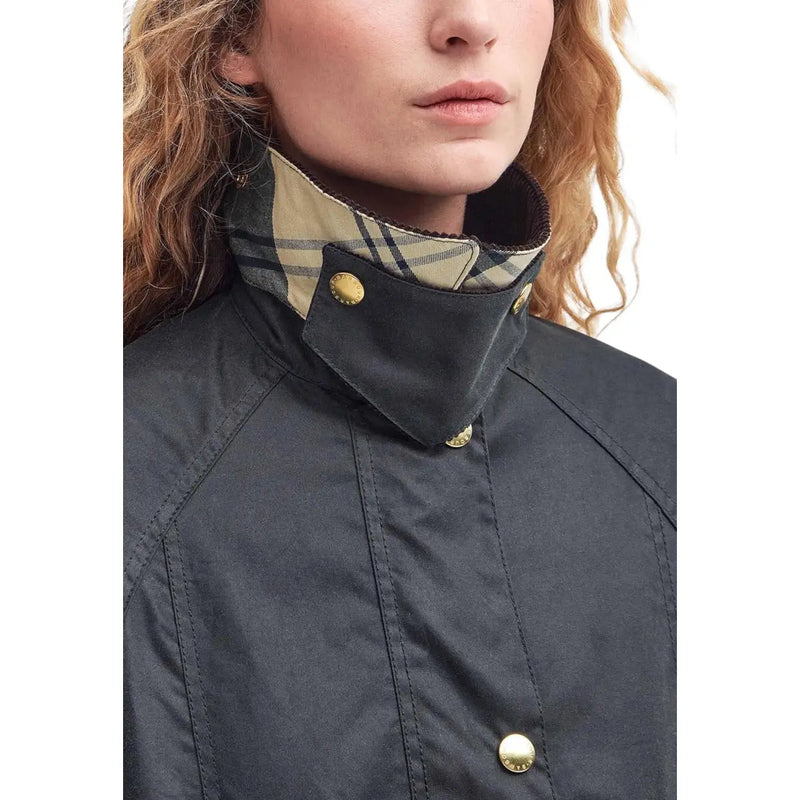 Barbour women wax blazer brown cotton jacket in dark gray waxed cotton with beige black plaid inner collar and gold-tone buttons