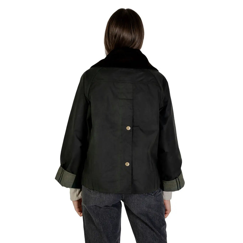 Barbour women wax blazer green cotton fall jacket with black plush fur collar and olive green trim on cuffs