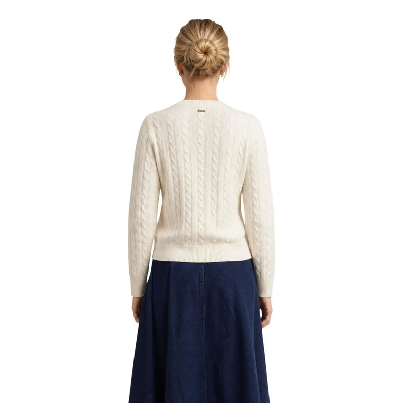 Cream-colored cable-knit wool cotton sweater with ribbed hem and cuffs from Barbour women white ashdown jumper collection