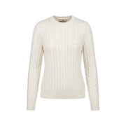 Cream-colored barbour women wool cotton cable-knit sweater with classic crew neck and ribbed cuffs in white ashdown