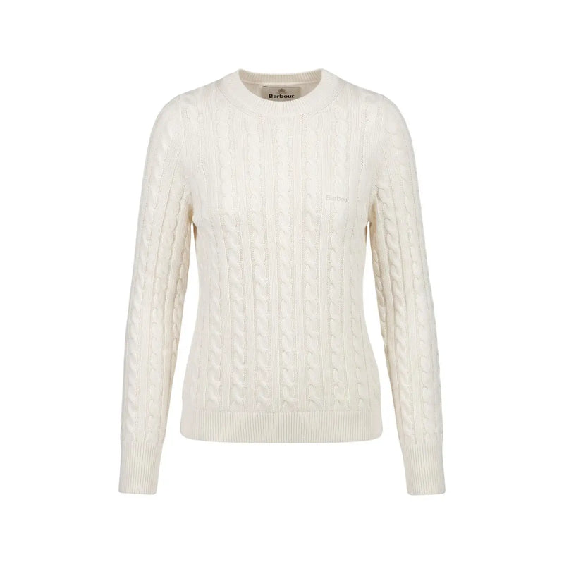 Cream-colored barbour women wool cotton cable-knit sweater with classic crew neck and ribbed cuffs in white ashdown
