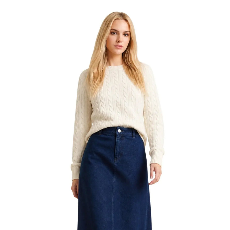 Barbour women wool cotton cream cable-knit sweater with long sleeves and round neckline in white ashdown style
