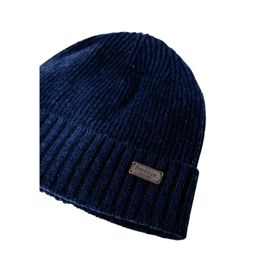 Barbour wool beanie Carlton for men in navy blue ribbed knit with metallic Barbour England logo tag, front view