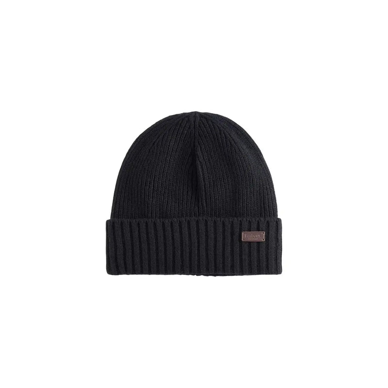 Bonnet Barbour Carlton en laine noire pour homme, avec revers côtelé et étiquette de marque sur le côté, vue de face