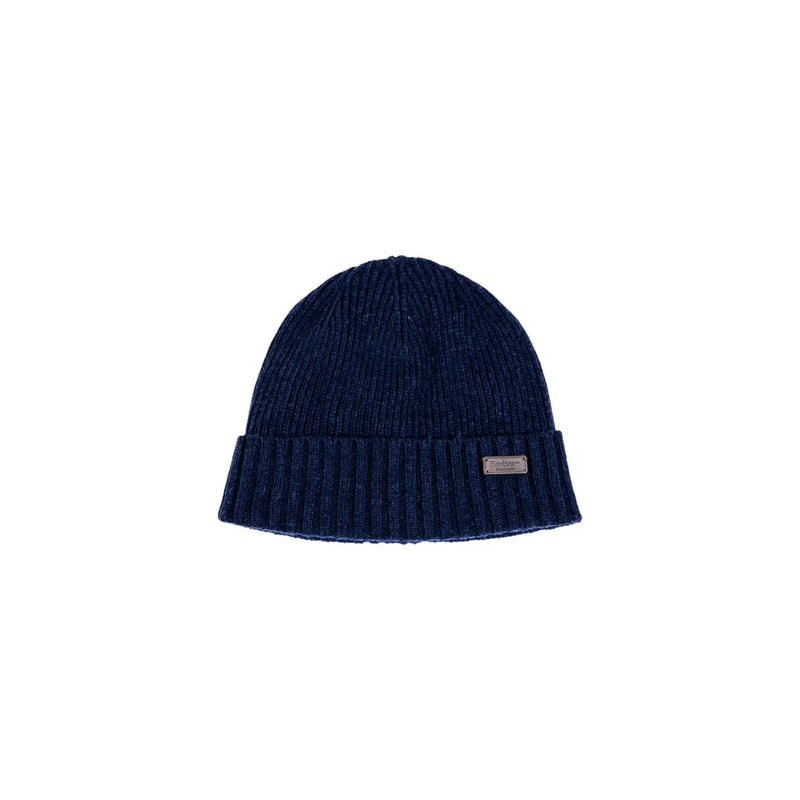 Bonnet Barbour Carlton en laine bleu marine pour homme, avec maille côtelée et revers, vue de profil