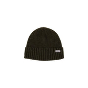 Bonnet Barbour Carlton en laine pour homme, couleur olive foncé, avec revers côtelé et étiquette argentée (vue de côté).