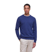 Barbour wool sweater for men in blue with white ribbed collar and cuffs, front view
